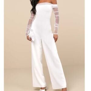 NEW Lulus Eternal Bliss White Tulle Off-the-Shoulder Wide-Leg Sleek Jumpsuit XS